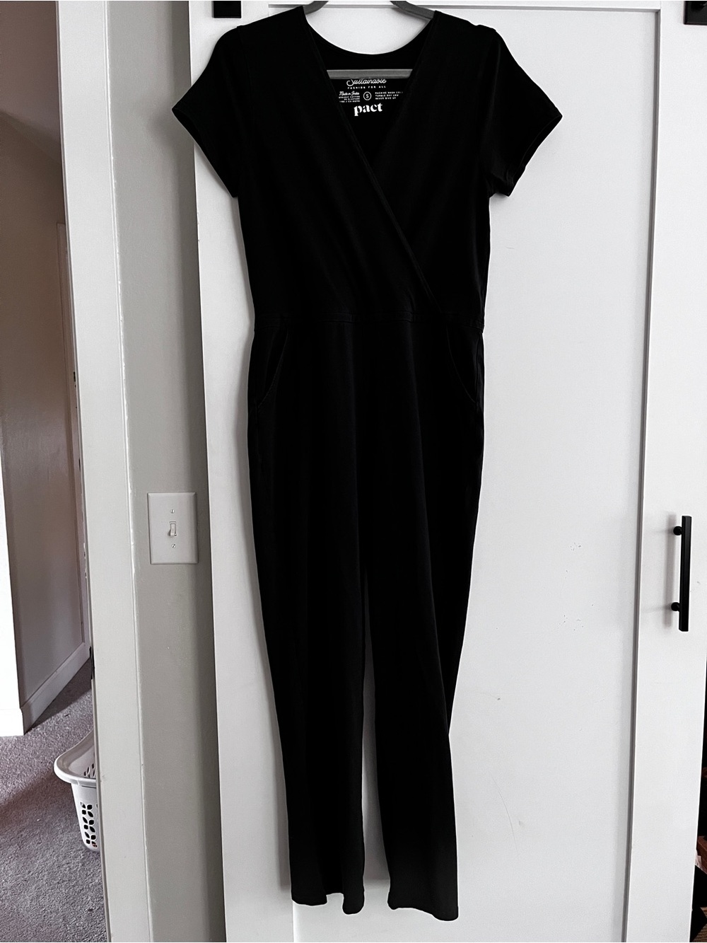 Pact Black Short-Sleeve Wrap Jumpsuit